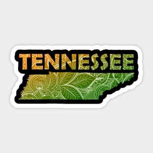 Colorful mandala art map of Tennessee with text in green and orange Sticker